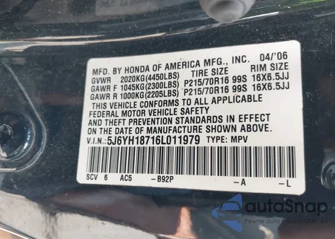 2006 Honda Element Ex-P from USA, damaged, VIN 5J6YH18716L011979